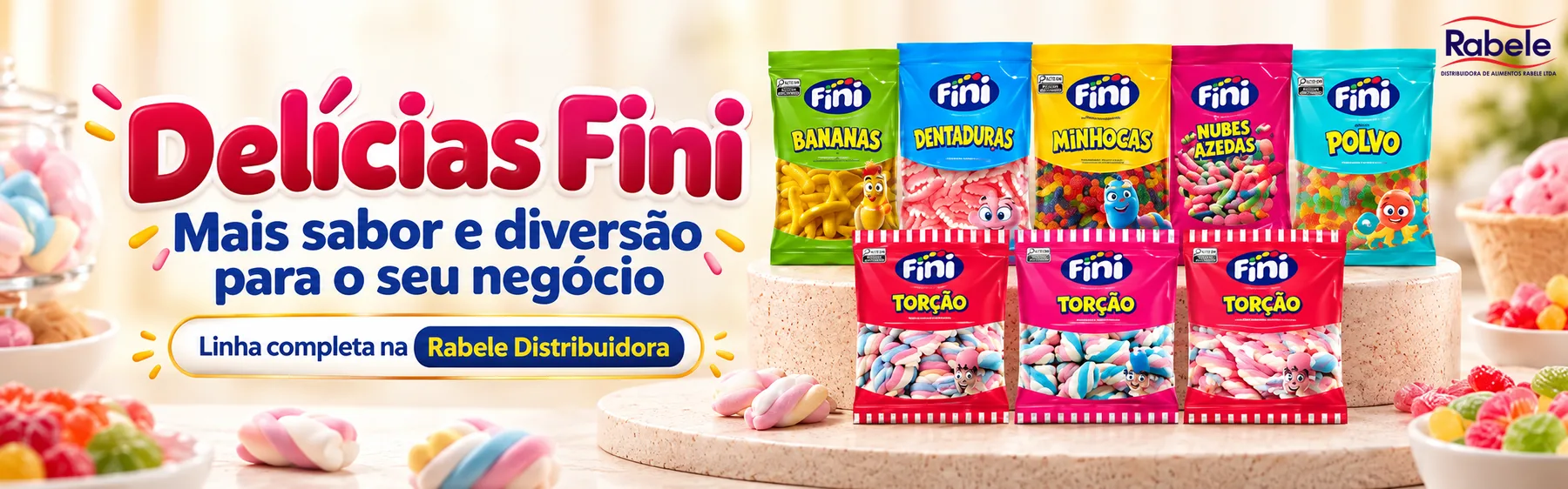 Delícias Fini: mais sabor e diversão para o seu negócio. Linha completa na Rabele Distribuidora
