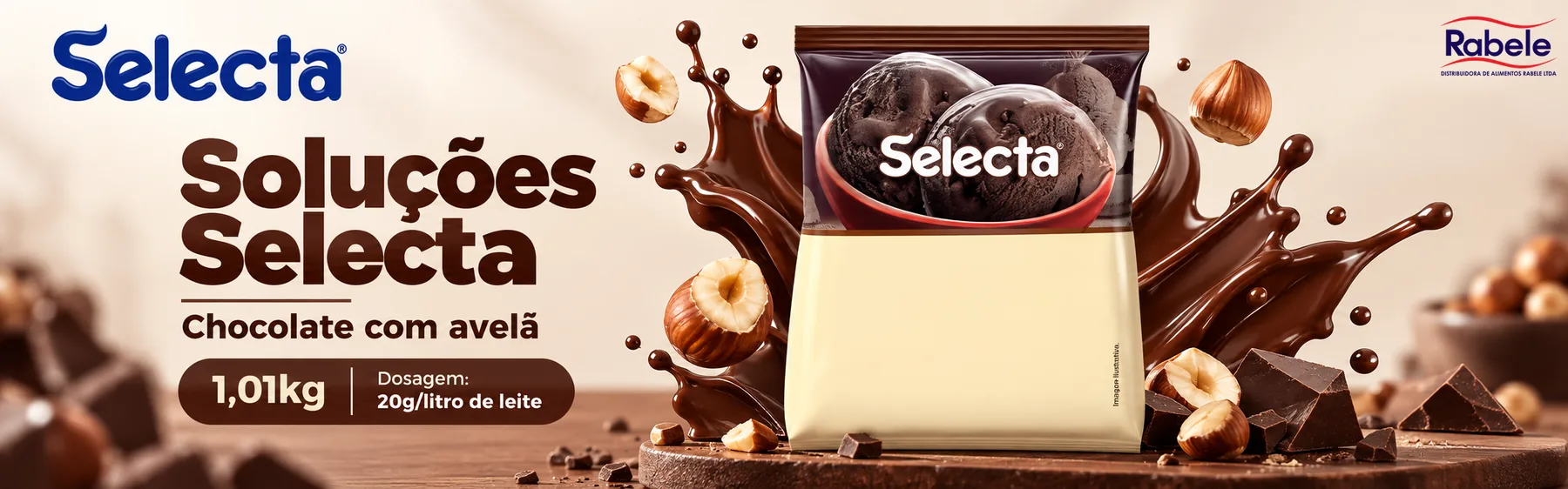 Soluções Selecta: chocolate com avelã, 1,01 kg, dosagem de 20 g por litro de leite